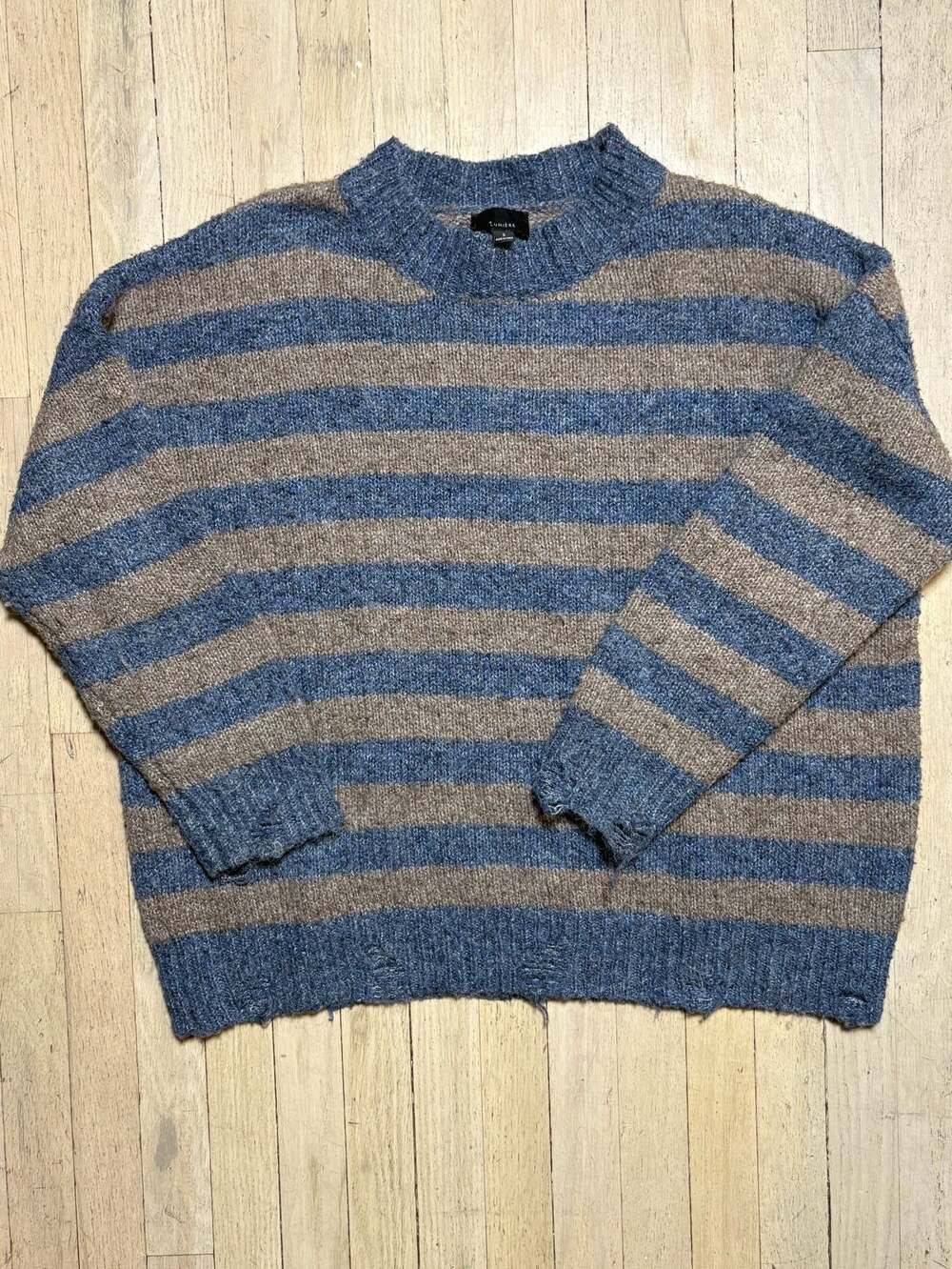 Lumiere Blue and Brown Striped Grunge Distressed Knit Sweater